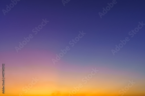 blue bright dramatic sunset sky in countryside or beach colorful cloudscape texture air background. © Thinapob