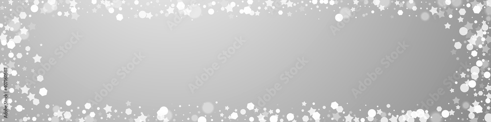 Magic stars sparse Christmas background. Subtle flying snow flakes and stars on grey background. Breathtaking winter silver snowflake overlay template. Uncommon panoramic illustration.