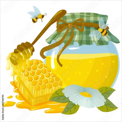 A set of jars with honey and bees around. natural bee honey drawn in cartoon style vector illustration isolated on white background