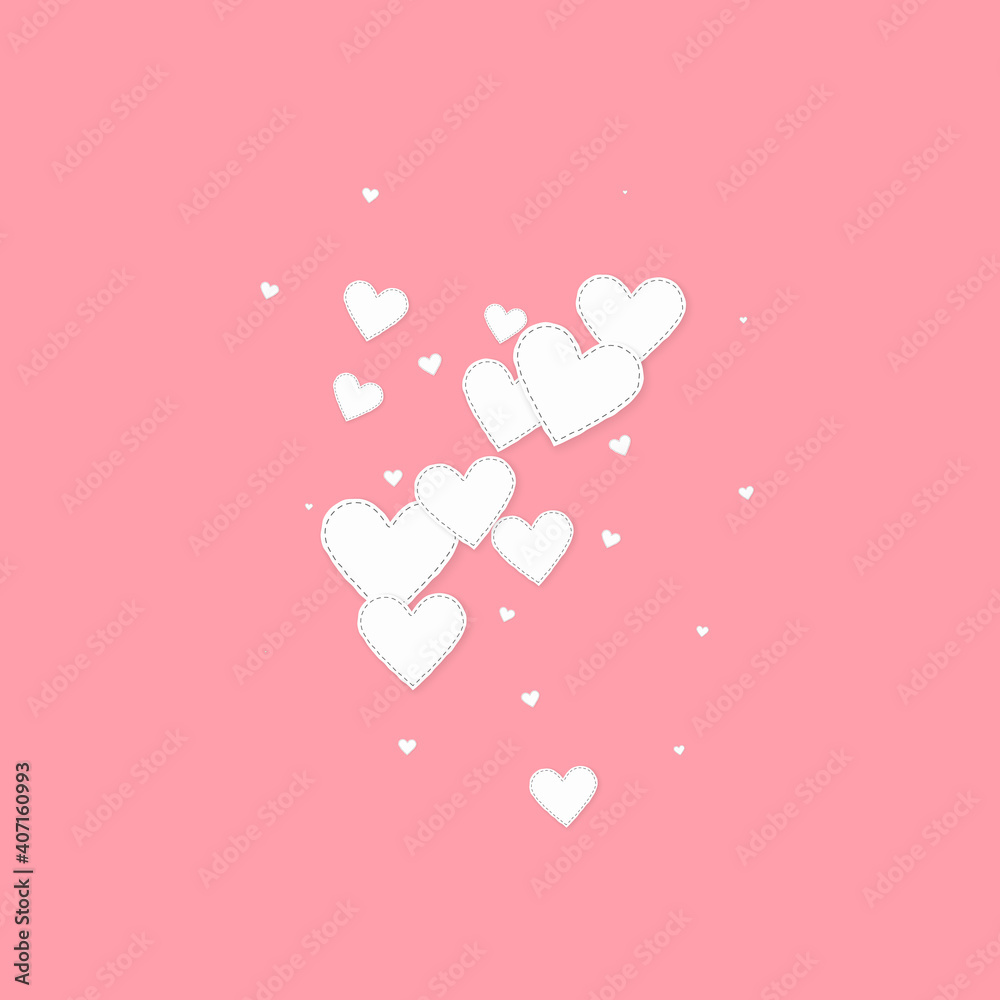 White heart love confettis. Valentine's day explosion superb background. Falling stitched paper hearts confetti on pink background. Classy vector illustration.