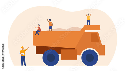 Kids playing on construction truck. Dumper, danger, careless children. Flat vector illustration. Building site, childhood, hazard concept for banner, website design or landing web page