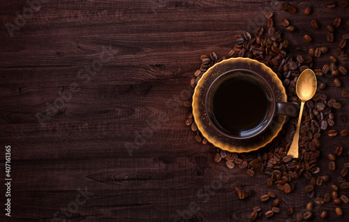 Cup of coffee, saucer, golden spoon, scattered beans, old dark brown wood, vintage style, 3d rendering