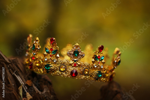 Beautiful golden crown on wood outdoors, closeup. Fantasy item