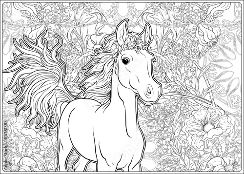 Horse and Flowers. Outline vector illustration. Coloring page for the adult coloring book. .