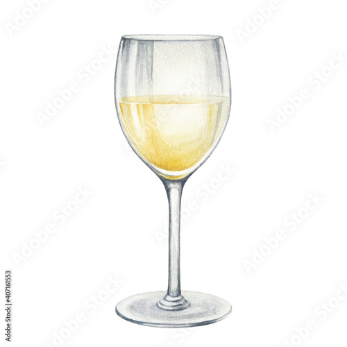 White wine glass watercolor illustration. Hand drawn realistic fresh alcohol beverage element. Cristal clear glass with chardonnay, sauvignon wine on white background. Delicious alcohol grape drink.