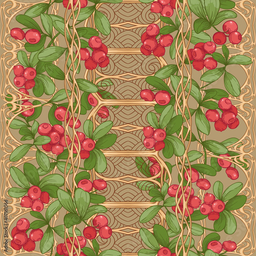 Cranberry in a decorative imitation of a wicker basket made of twigs. Seamless pattern, background. Graphic drawing, engraving style. Vector illustration on kraft background..