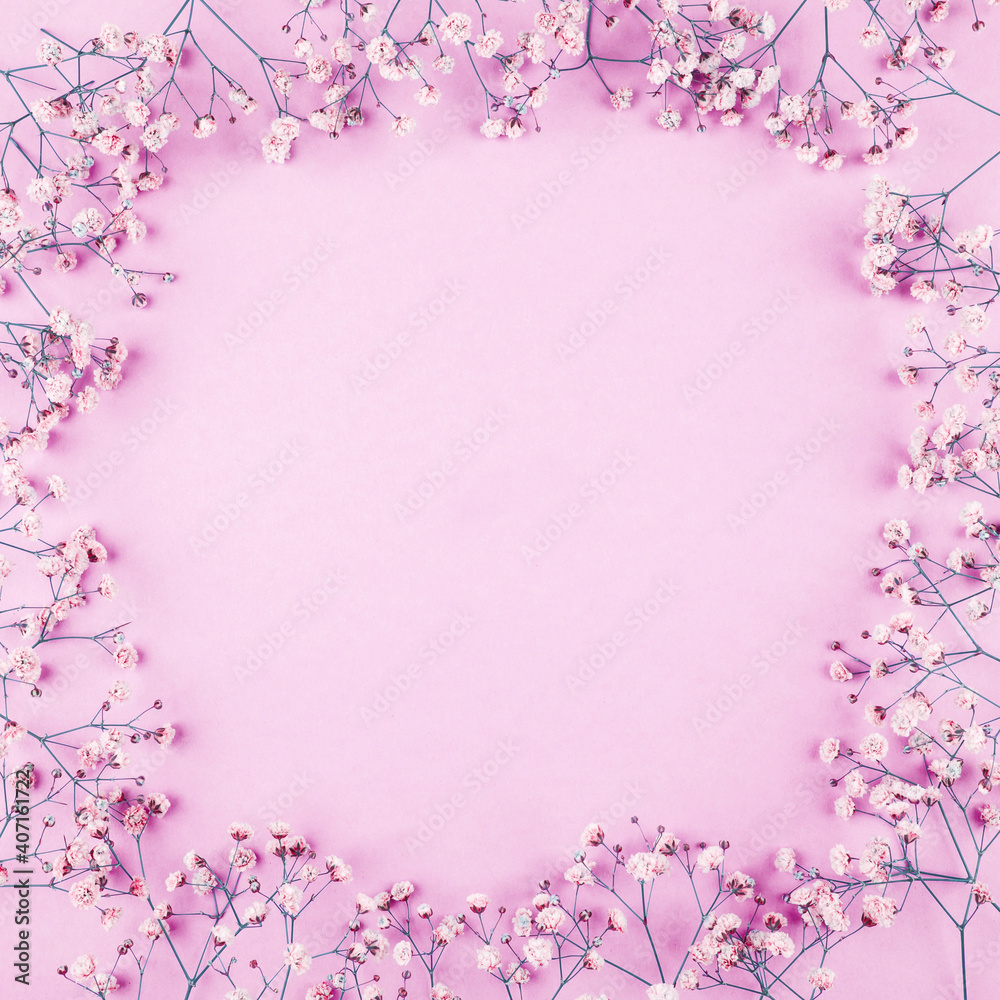 Beautiful flower frame of gypsophila flowers. Flat lay, top view. Floral pattern.