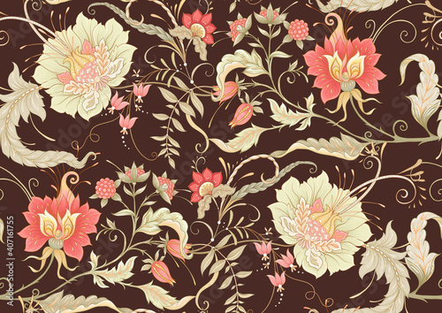 Seamless pattern with stylized ornamental flowers in retro, vintage style. Jacobin embroidery. Colored vector illustration on chocolade brown background.