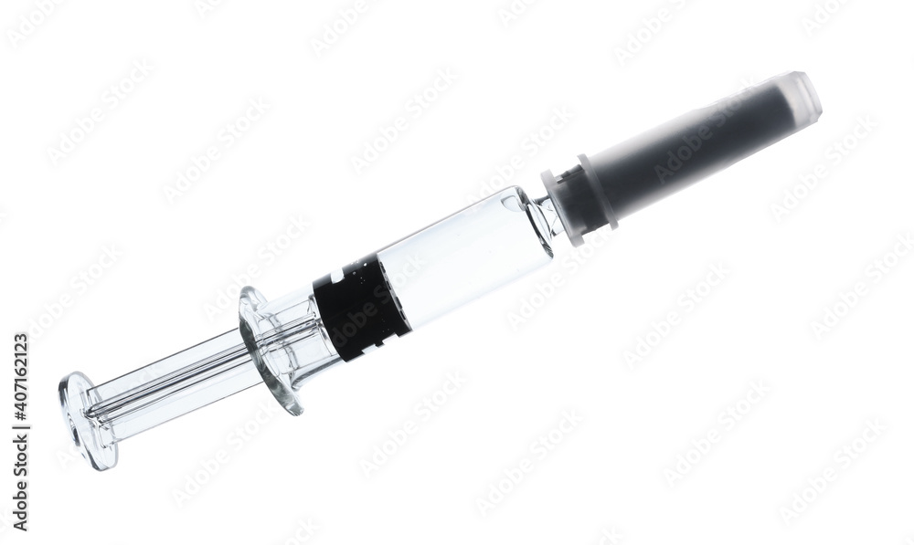 Syringe with COVID-19 vaccine isolated on white Syringe with COVID-19 vaccine isolated on white