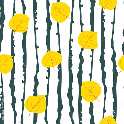 Yellow aspen leaf forest seamless vector pattern background. Beautiful hand drawn leaves in fall colors on backdrop of sea green and white tree bark. Woods in painterly style. Elegant all over print.