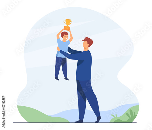 Dad and son celebrating boys triumph. Man lifting kid holding winners cup. Flat vector illustration. Family, support, parenthood concept for banner, website design or landing web page