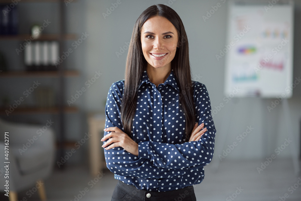 Photo of happy joyful confident young woman wear formalwear folded hands indoors in office workplace workstation - obrazy, fototapety, plakaty 