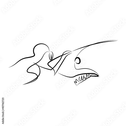 Scuba diver and shark face to face. Black line vector illustration on white background