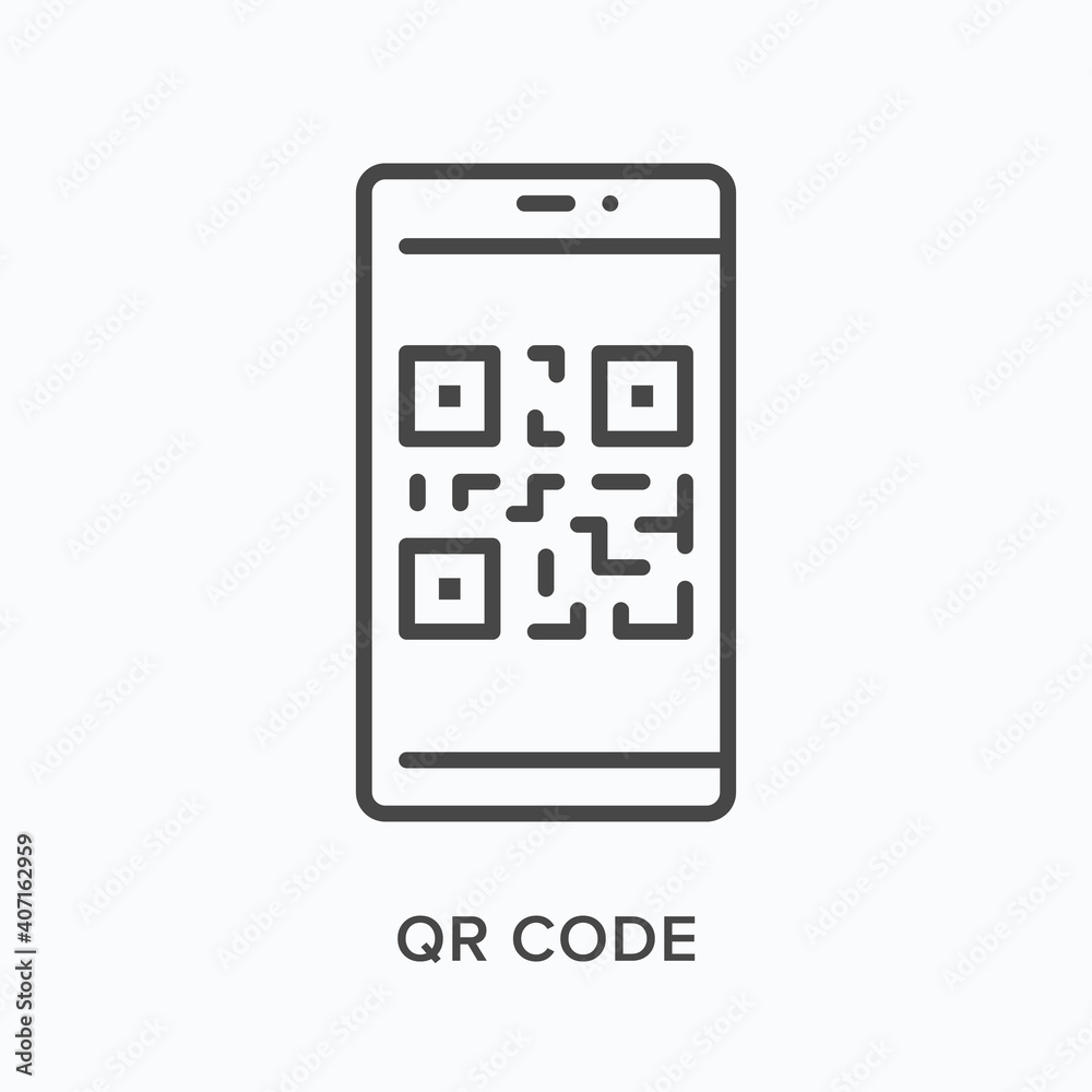 QR code flat line icon. Vector outline illustration of smartphone scanner. Black thin linear pictogram for digital link QR code flat line icon. Vector outline illustration of smartphone scanner. Black thin linear pictogram for digital link
