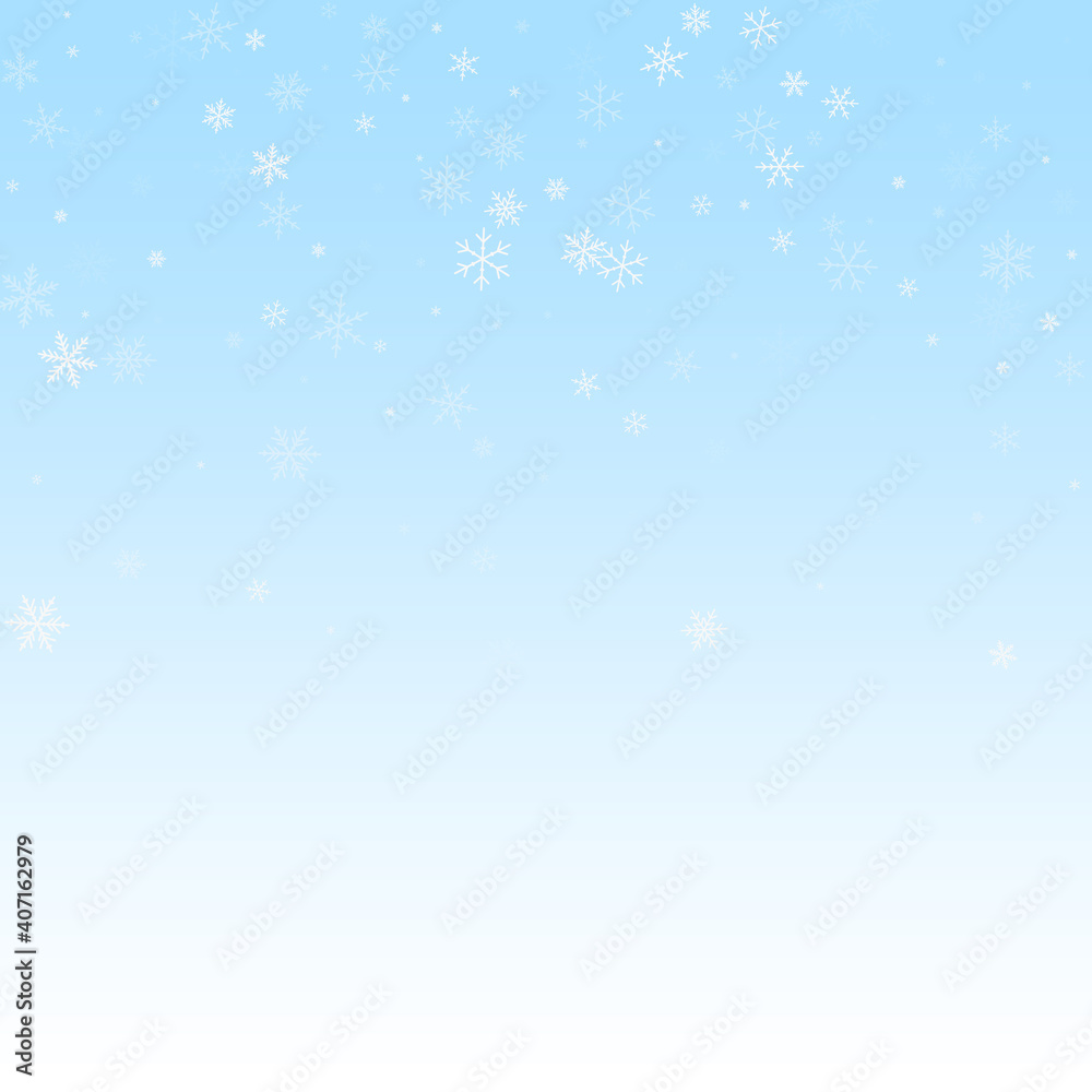 Sparse snowfall Christmas background. Subtle flying snow flakes and stars on winter sky background. Alive winter silver snowflake overlay template. Quaint vector illustration.