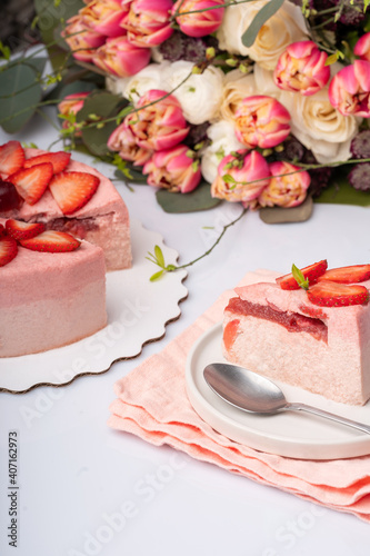 Wallpaper Mural Strawberry cake on withe dish with berries and flowers on the table for Valentin's day or birthday party. High quality photo Torontodigital.ca