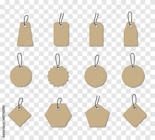 Template of blank craft brown paper price tags or gift tags on transparent background. Set of kraft shopping labels. Vector
