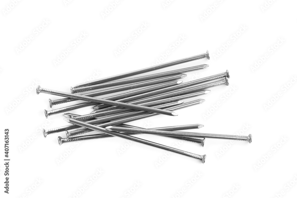 Pile of metal nails on white background, top view Pile of metal nails on white background, top view