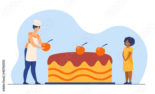 Mom and kid baking cake together. Mother and daughter cooking dessert. Flat vector illustration. Family, home activity, sweet food concept for banner, website design or landing web page