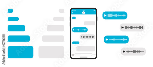 Mockup smartphone with blank template messenger chat. Telegram messenger. Voice message and empty talk bubble speech icon. Social media. Vector photo