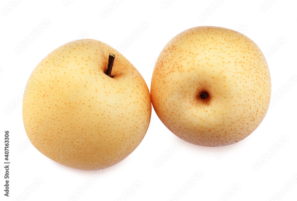 Fresh ripe apple pears on white background, top view Fresh ripe apple pears on white background, top view