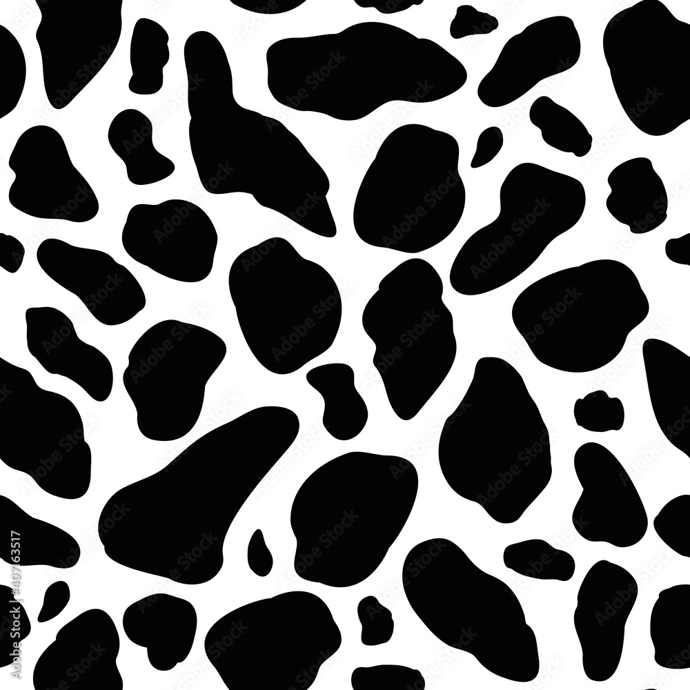 Vector cow pattern seamless background. Black irregular patches on white backdrop. Abstract cows skin texture illustration. Random bovine spots hand drawn design. Farm animal textural all over print Vector cow pattern seamless background. Black irregular patches on white backdrop. Abstract cows skin texture illustration. Random bovine spots hand drawn design. Farm animal textural all over print