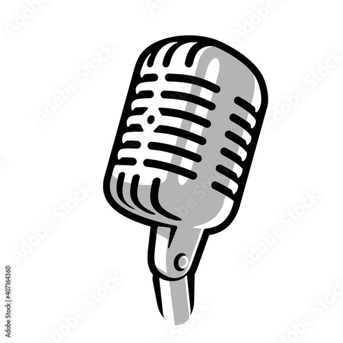 Retro vintage microphone on white background logo. Mic silhouette sign. Music, voice, record icon. Recording studio symbol. Flat stye vector illustration