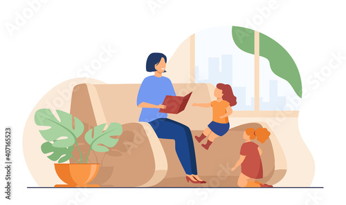 Mom reading book to children at home. Mother telling little children fairytale. Flat vector illustration. Family leisure, preschool education concept for banner, website design or landing web page