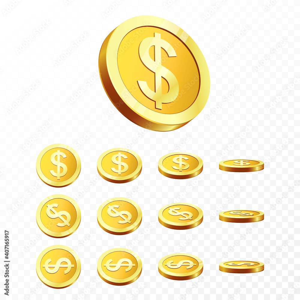 3d Gold coins illustration. Realistic gold coin on transparent ...