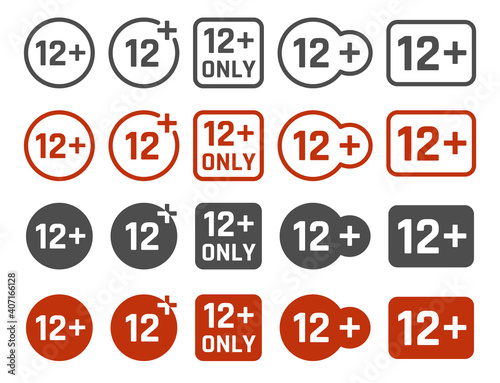 12 plus years old icon set, adults content signs