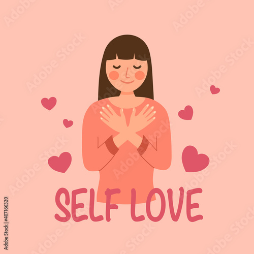 Self love concept vector illustration. Young woman hugging herself with heart shape in flat design.