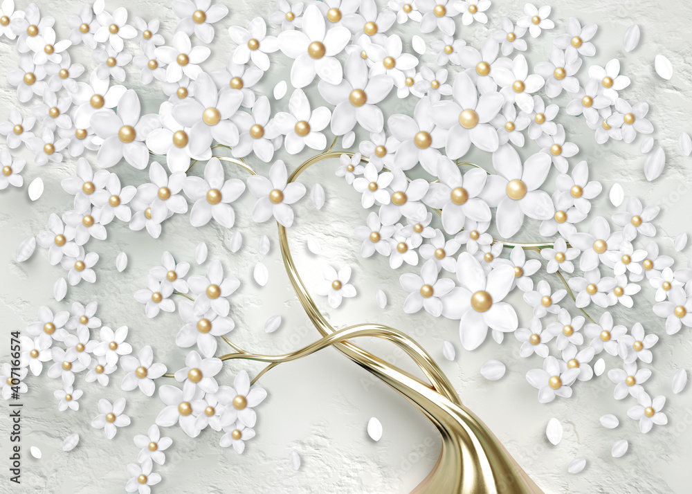 3d wallpaper for wall .
mural tree with golden stem and golden pearl with white flowers .
Abstract floral background . - obrazy, fototapety, plakaty 