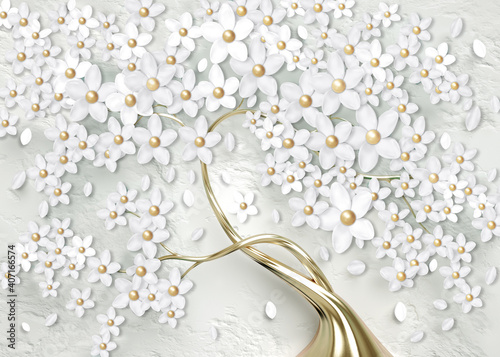3d tapety na ścianę. drzewo ze złotą łodygą i złotą perłą z białymi kwiatami. Streszczenie tle kwiatów.
