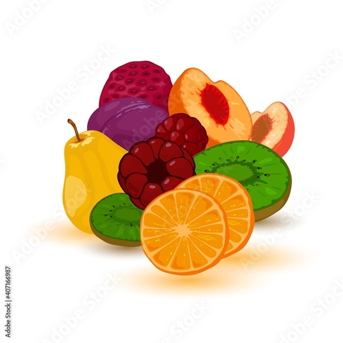 Ripe and juicy collection of fruits for jam. Vector vegetarian nutrition, summer harvest, vitamin and healthy eating, peach, kiwi, orange, strawberry idea isolated on white