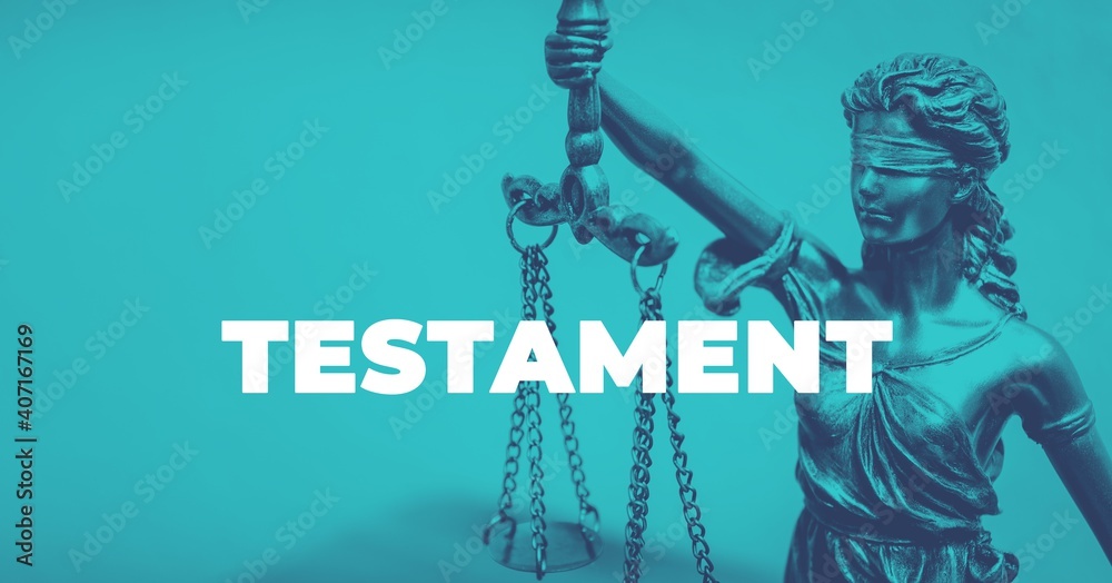 Naklejka premium Testament. Close-up of a Lady Justice Statue. Duotone blue with white text. Law and lawyer symbol.