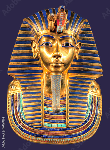 Egyptian pharoah Tutankhamun's burial mask on blue background