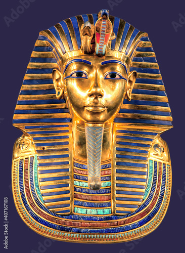 Fotografie Egyptian pharoah Tutankhamun's burial mask on blue background