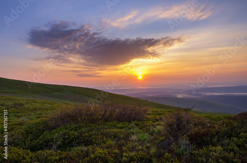 Spring sunrise in the mountains. Bieszczady National Park, Poland 