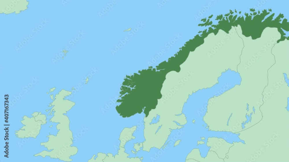 Map of Norway with pin of country capital. Norway Map with neighboring countries in green color.
