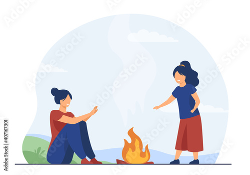 Mom and kid enjoying camping outdoor. Happy woman and girl warming hands at fire. Flat vector illustration. Family activity, adventure concept for banner, website design or landing web page