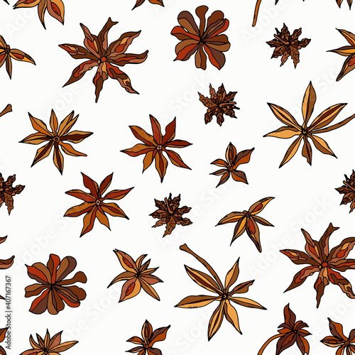 Anise stars on white, isolated background. Hand-drawn style. Endless textures for your design.