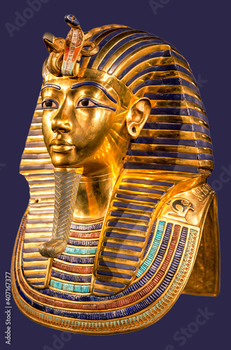 Funeral mask of pharoah Tutankhamun on blue background