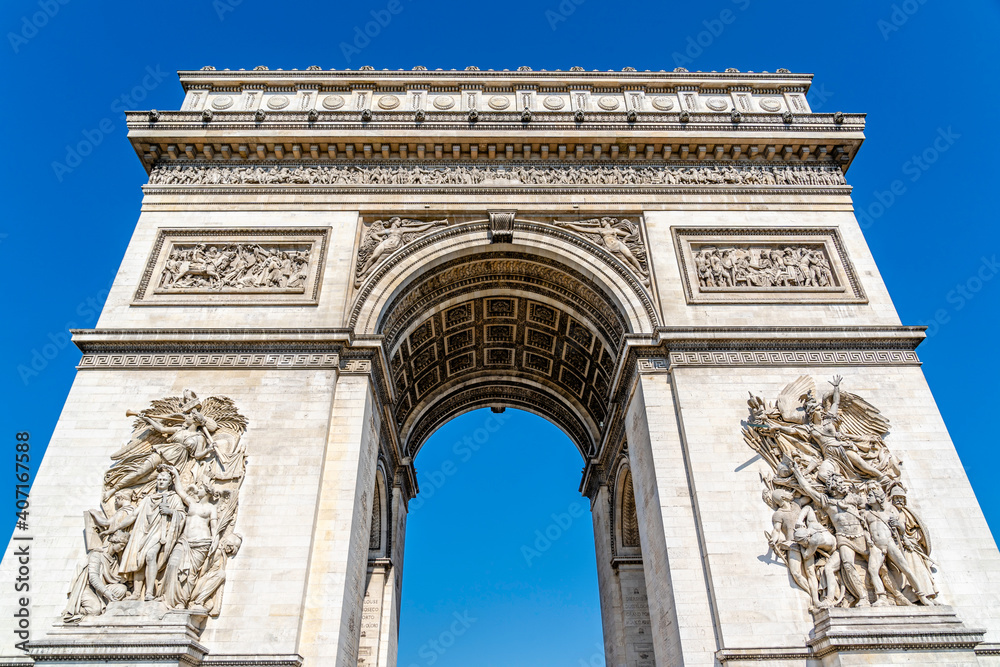 The Arc de Triomphe de l'Étoile,Triumphal Arch of the Star, one of the most famous monuments in Paris, France, at the western end of the Champs-Élysées at the centre of Place Charles de Gaulle