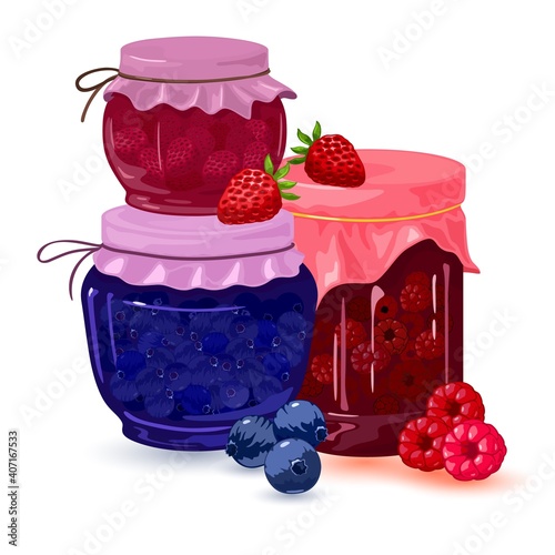 Collection of fresh homemade strawberry, blueberry and raspberry jelly canned in jars. Vector dietary food, curative and vitaminized tea, syrup idea isolated on white background