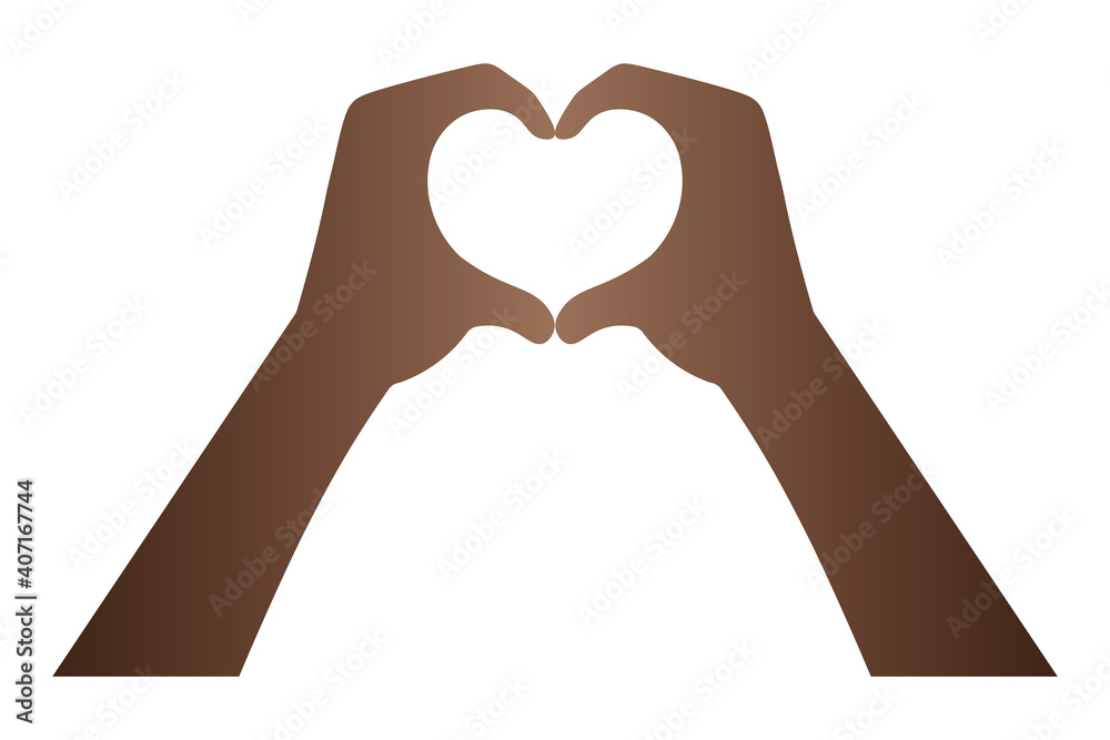 Fototapeta premium African American hands folded in the shape of a heart. The sign of love from the palms. Vector illustration. Isolated white background. Romantic gesture. Valentines Day. The fingers touch each other.