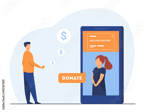 Kid asking for donation online. Screen, donate button, money transfer. Flat vector illustration. Contribution, social assistance concept for banner, website design or landing web page