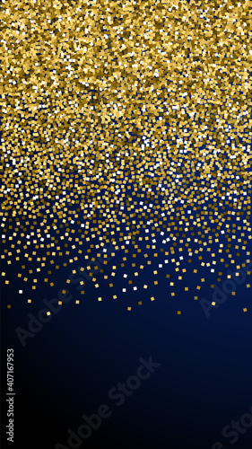 Gold glitter luxury sparkling confetti. Scattered small gold particles on dark blue background. Energetic festive overlay template. Positive vector background.