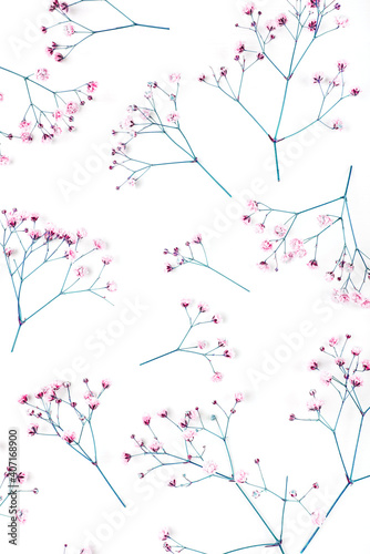 Beautiful flower background of gypsophila flowers. Flat lay, top view. Floral pattern.