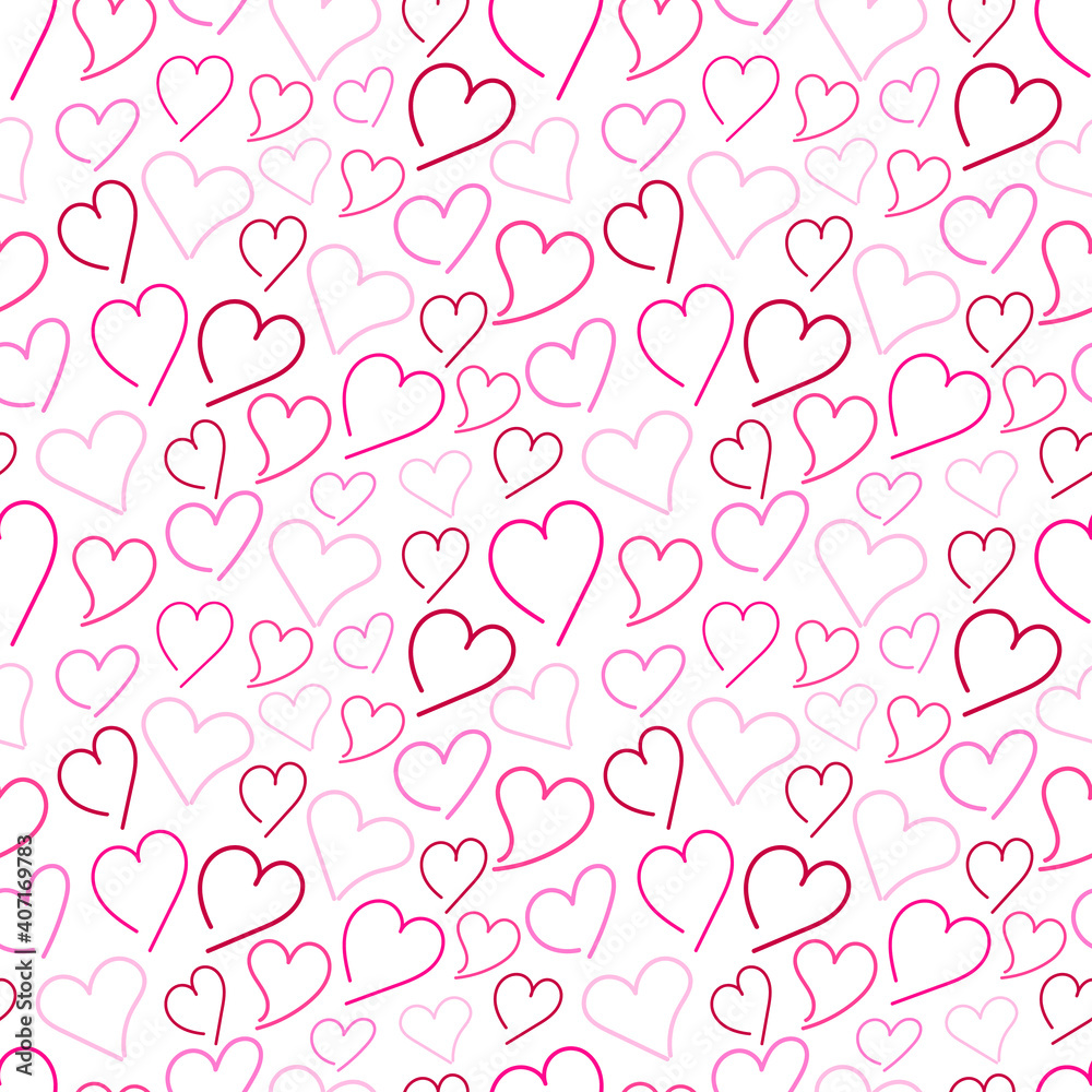 Vector doodle seamless pattern with colorful hearts for Valentine's Day, wedding, dating on a white background. Design element for postcard, wallpaper, wrapping paper, print, textile, packing.