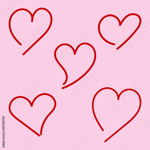 Vector doodle set of red hearts for Valentine's Day, wedding, dating on a pink background. Design element for postcard, wallpaper, wrapping paper, print, textile, packing.